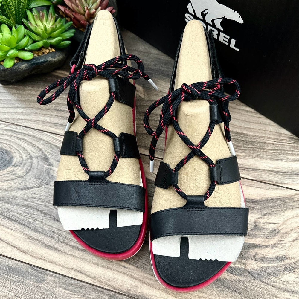 NIB Sorel Roaming Lace 7.5 Slingback Gladiator Flat Leather Sandals Black Pink - Picture 3 of 12